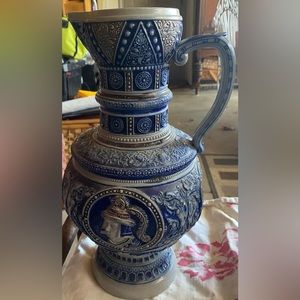 Cobalt blue and grey saltwater antique German stein pitcher.